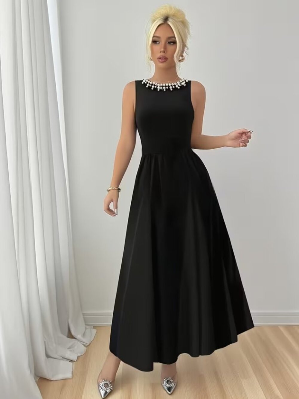 NWT Kitty's Boutique Women's L Elegant Black Beaded A-Line Maxi Dress